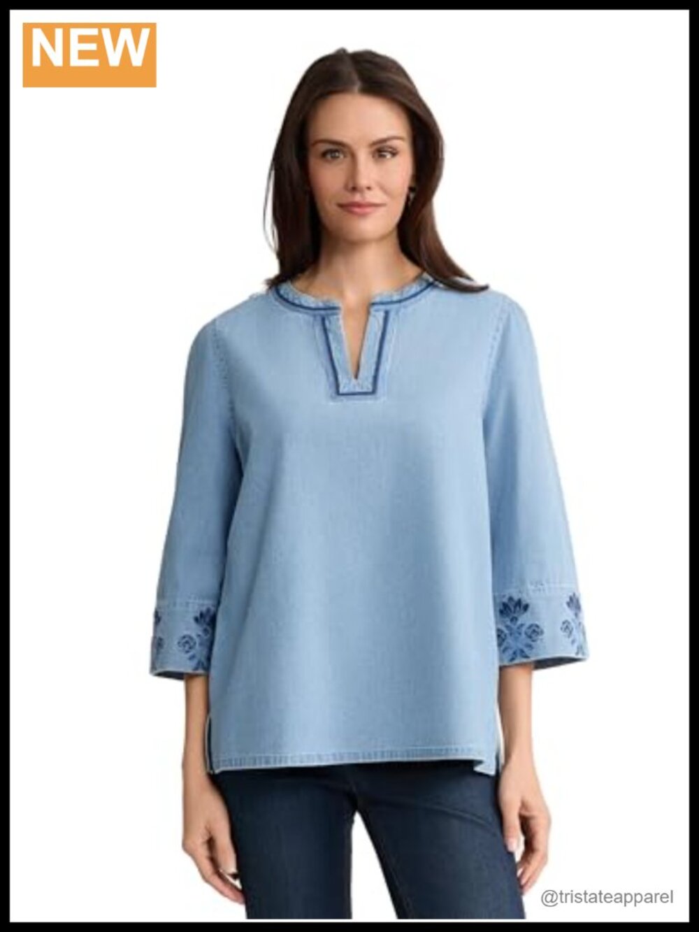 Jones New York Women's Chambray Long Sleeve Embroidered T